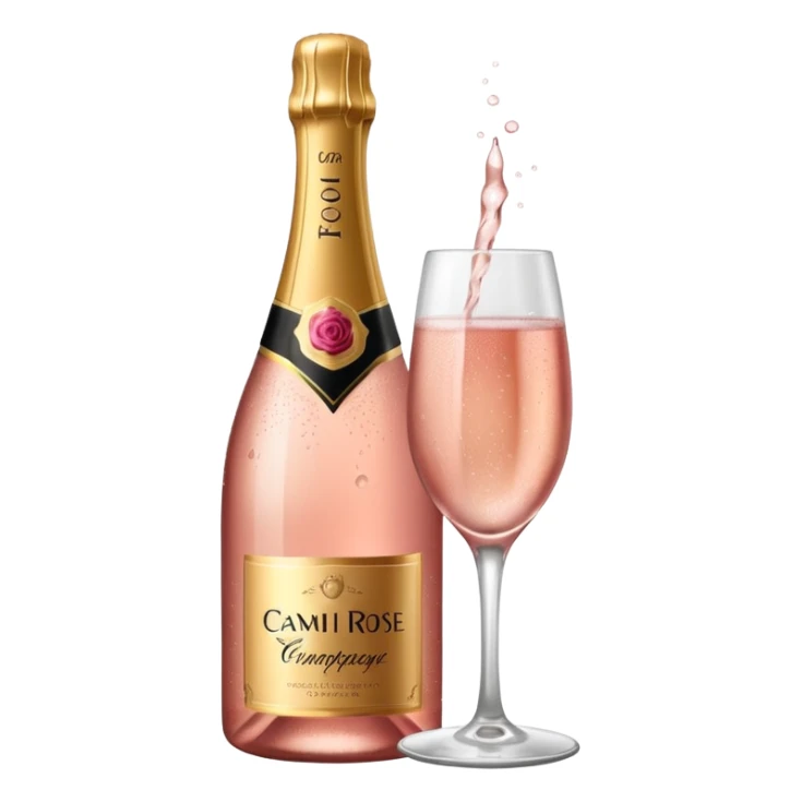 bottle of sparkling rose champagne tilted up and to the right sticker