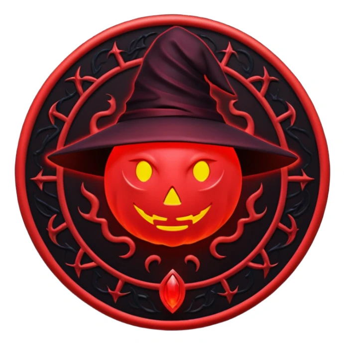 iOS emoji, dark fantasy magic seal, witch symbol, web pattern, red glow, minimal clean style, dark fantasy, dark atmosphere, black and red colors sticker