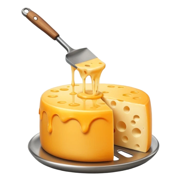 a half vertical  wheel of cheese being scraped with a metal spatula, melted cheese flowing, warm golden colors, modern emoji style, clean outlines, transparent background sticker
