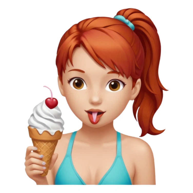 girl kid red haired swimsuit, eating ice cream, ponytail sticker