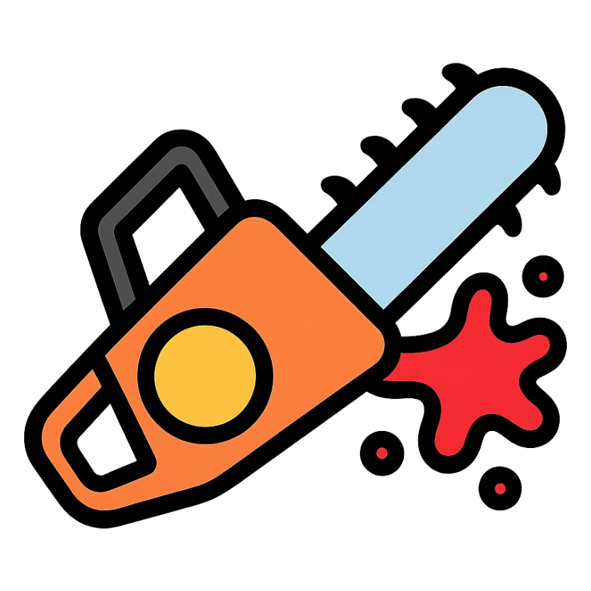 color outline icon of a chainsaw with blood splatter sticker