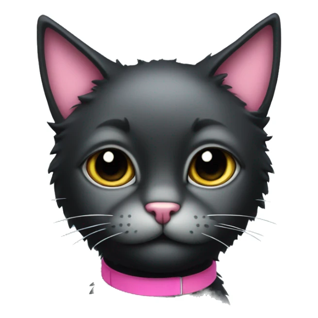 A black fluffy cat with a pink collar sticker