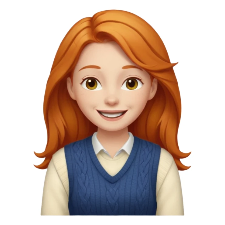 Gorgeous Ginger girl laughing with head tilted back happily wearing cream sweater vest sticker
