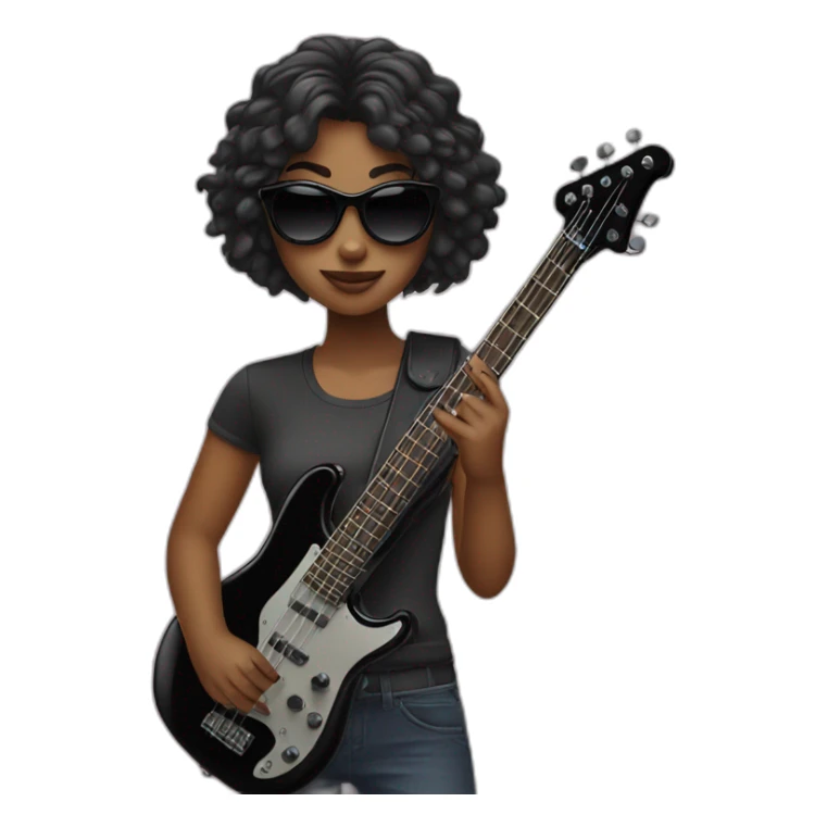 girl with sunglasses holsing a black bass guitar sticker