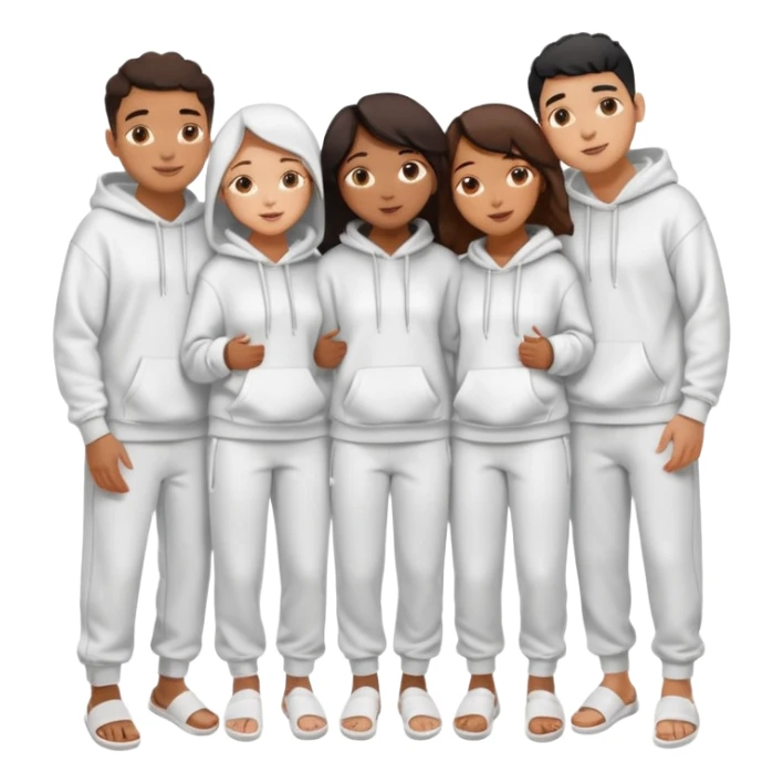 four mixed race friends all wearing white oversized hoodies, white sweatpants, and white slides huddled together hugging sticker
