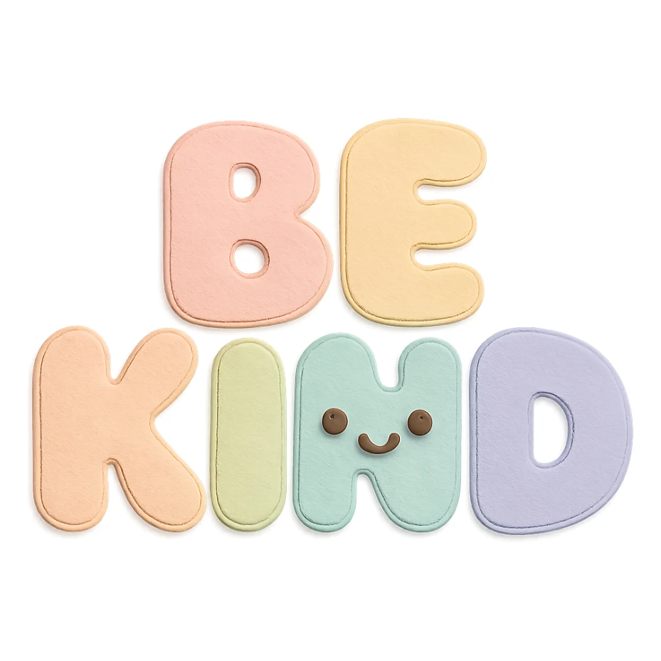 "Be Kind" in soft pastel rainbow puffy bubble letters, kawaii cute style, transparent background, no frame sticker