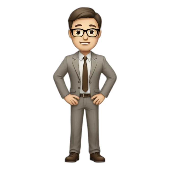 Full height Actively gesturing with hands Pale skinned fit man with dark brown hair in gray jacket, beige office shirt, brown tie, brown pants and vintage glasses. sticker