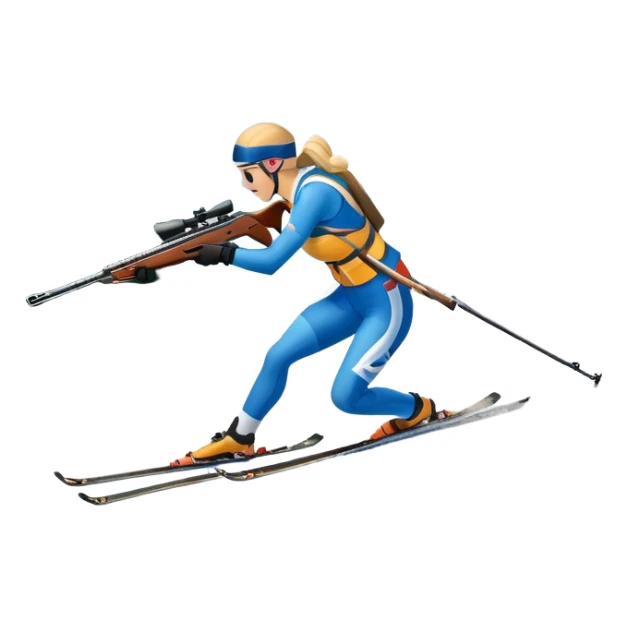 An icon featuring snow-covered trees, distant mountains, and a clear blue sky with a biathlete in motion, holding a rifle and skiing across a snowy course. Transparent background highlights the precision, endurance, and excitement of biathlon. sticker