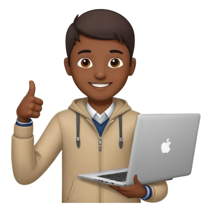 indian college boy holding laptop thumbs up sticker