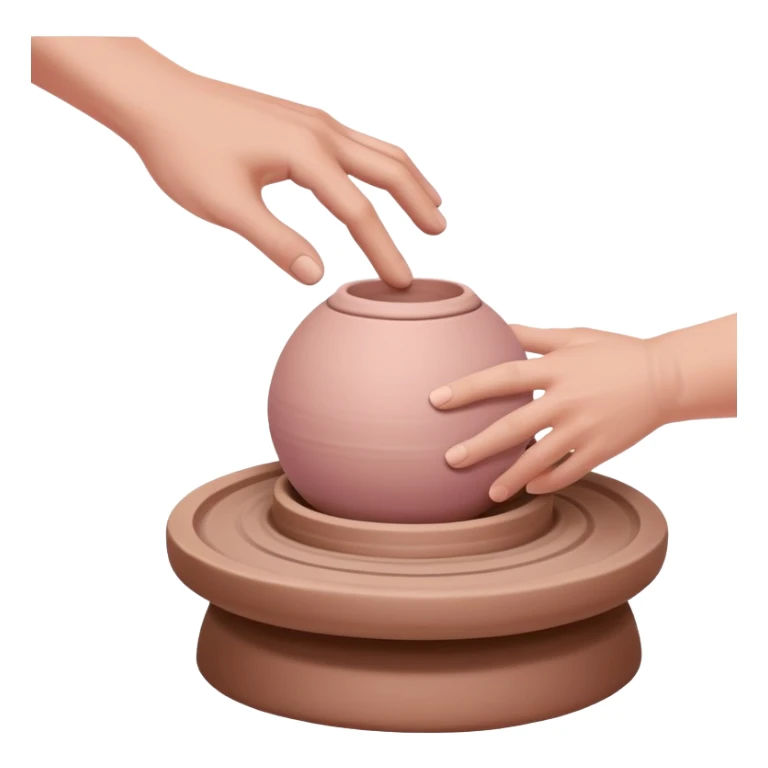one hand pressing down on a pink ball of clay above an empty pottery wheel, with the clay not touching the wheel surface, hovering slightly above it sticker