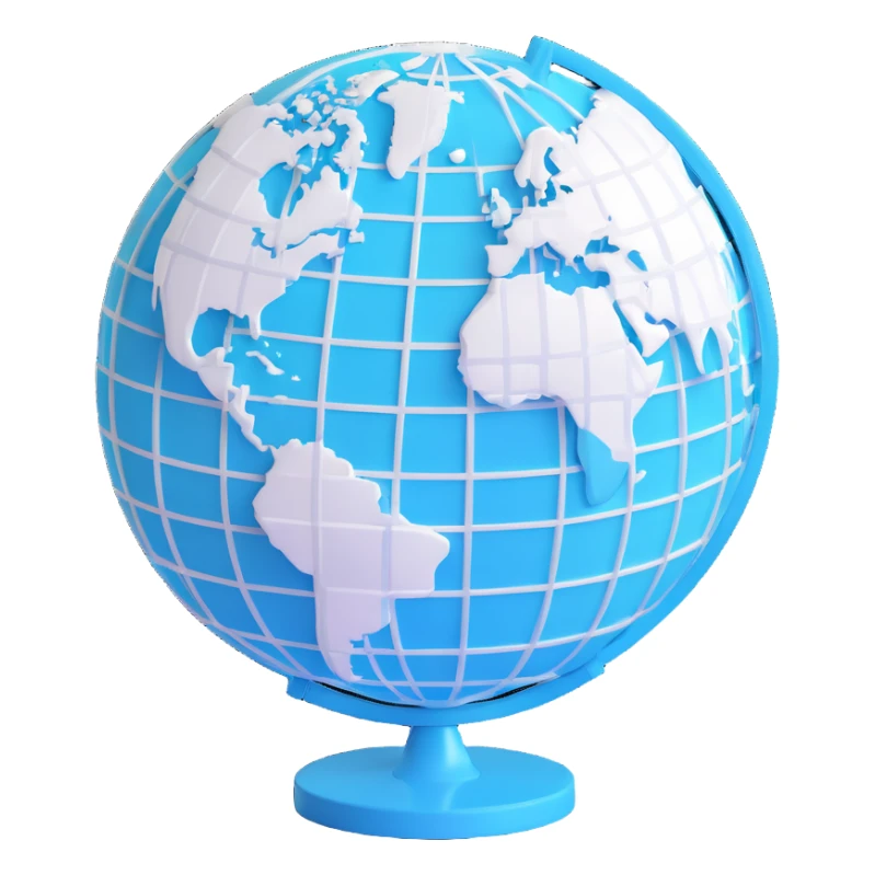 3D cyan globe icon with white land, modern style, with grid lines sticker