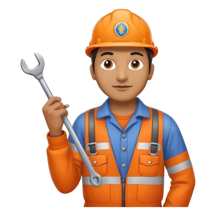 Indian male railway engineer orange overalls, boots holding a spanner sticker