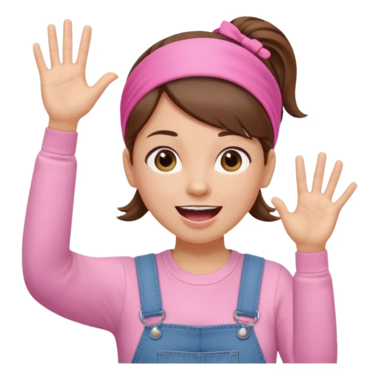 preschool teacher with brown hair pulled up in high ponytail and light pink headband. Has a pink t-shirt with denim overalls. Expression is happy and friendly with mouth wide open. Has one hand up waving hello. sticker
