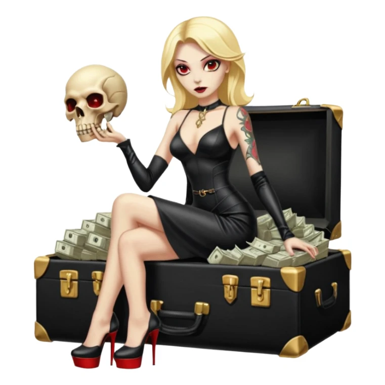 Lilith symbol red eye seductress evil shoulder length blonde haired sexy succubus woman with leather long dress with slit, sitting on a case of gold and cash. Black Platform high heels on feet. Tattoo sleeve arms, seat full of stacks of cash,  dead human skull of her enemies in her other hand sticker