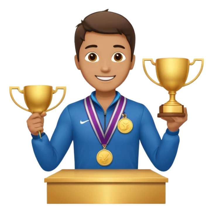 winner ceremony with one guy standing in a winner's podium and having a medal around his neck and holding a trophy sticker