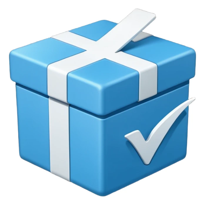 Blue box with a white check mark in the middle of the blue box that is a little bit tilted to the right and its 1 dimensional  sticker