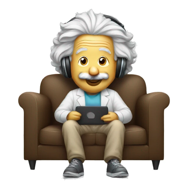 albert einstein happy listening music with wireless headphones while sitting on the couch sticker