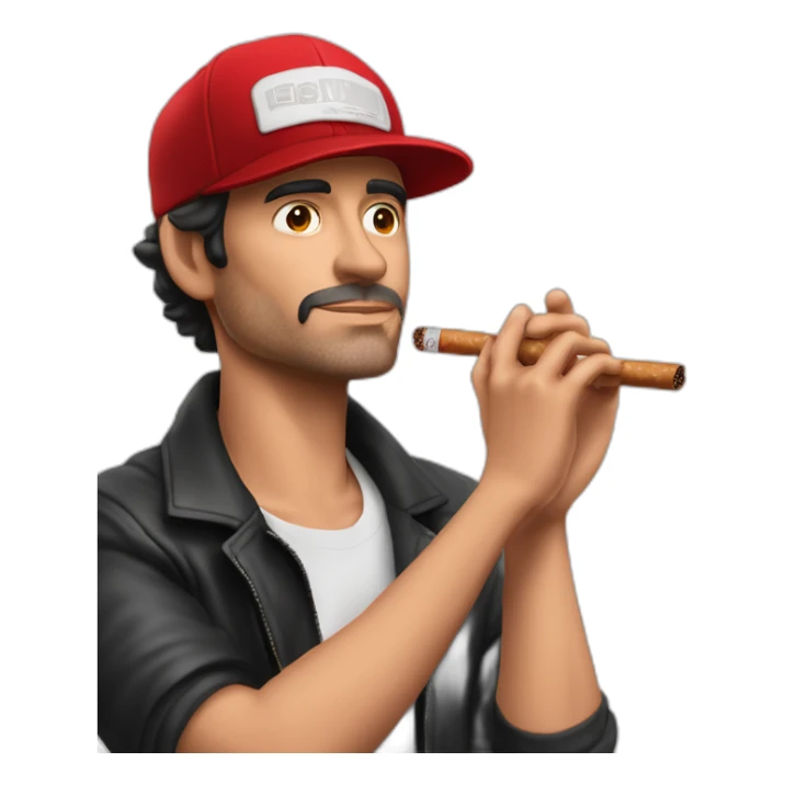 Actor Eduardo Gómez con un cigarrillo en la mano y con una gorra roja con un texto que diga "ignorante de la vida" sticker