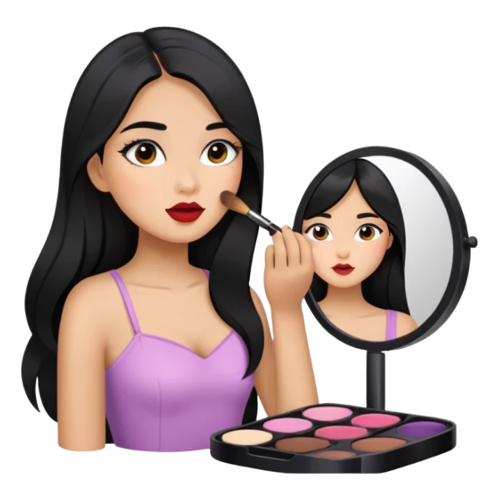 Girly girl long black hair, putting on makeup sticker