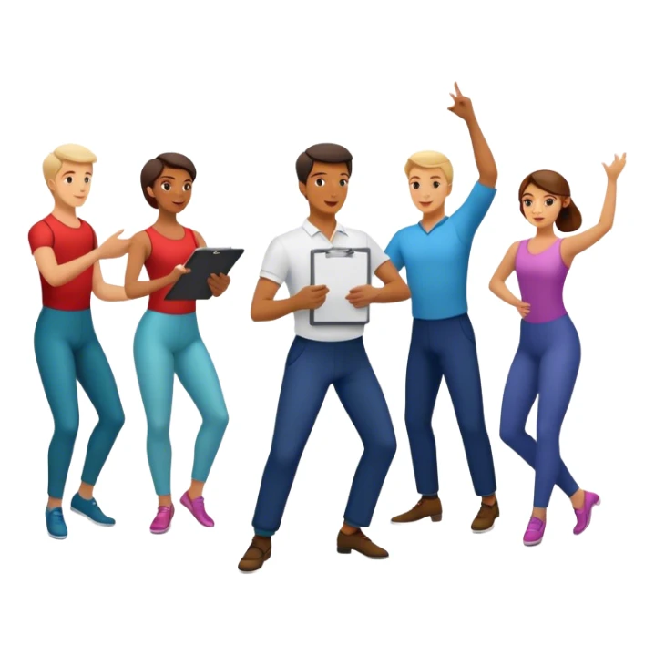 Icon for Choreography: a dance floor with a choreographer holding a clipboard, giving instructions to a group of dancers in motion. The icon should capture the art of movement and direction in dance. Transparent background. sticker