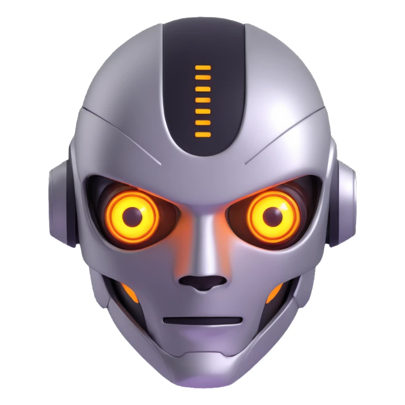AI-themed emoji, futuristic robot face, glowing eyes, metallic finish sticker
