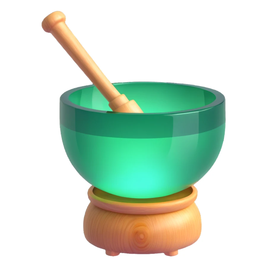 green crystal singing bowl with a wooden mallet inside, glowing effect, simple and modern sticker