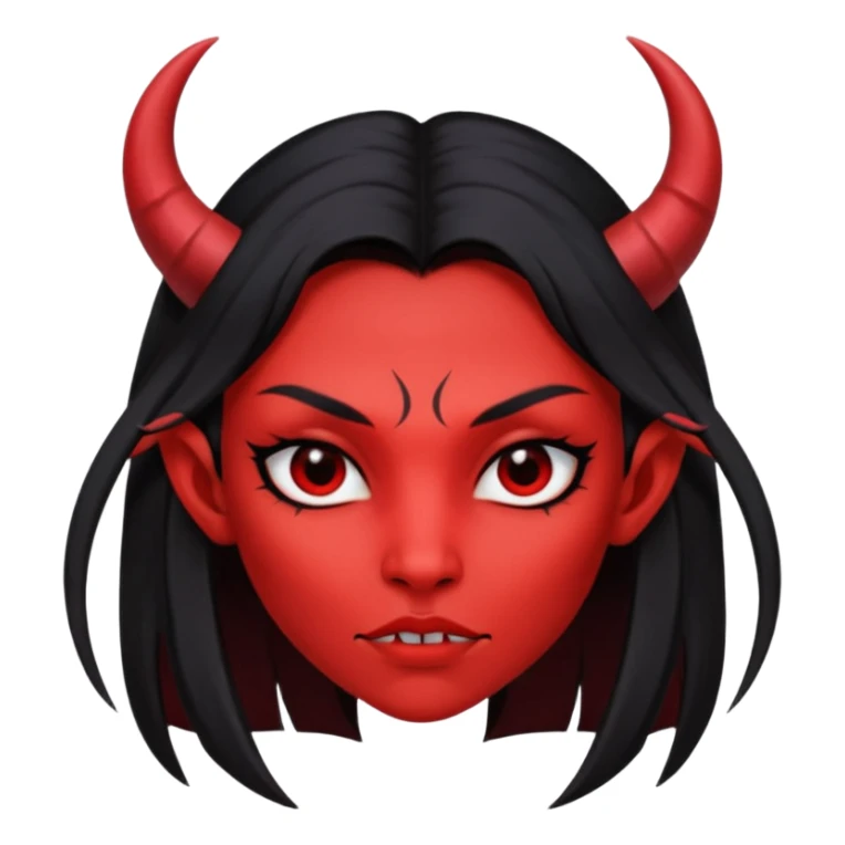 Head only demon girl; face with pronounced cheekbones and angular jaw; skin is uniform pure red (#FF0000) everywhere; long straight smooth black hair; small horns sticker