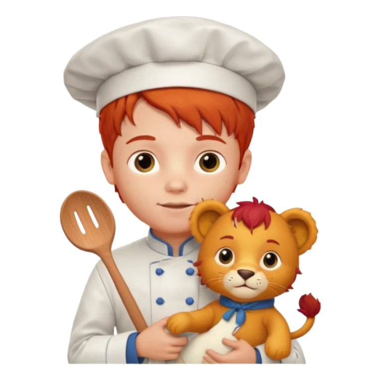 boy kid italian chef, red haired, uniform, holding plush lion sticker
