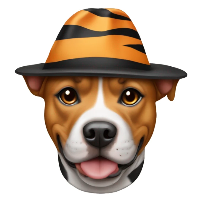 Staffordshire bull terrier mix dog wearing a tiger hat sticker