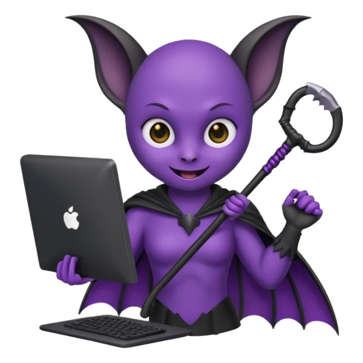 a happy purple bat holding a scythe while sitting in front of her computer sticker