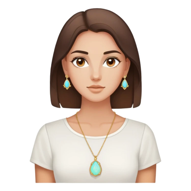 Brunette brown eye little tan white Kendra Scott opal necklace and white shirt sticker