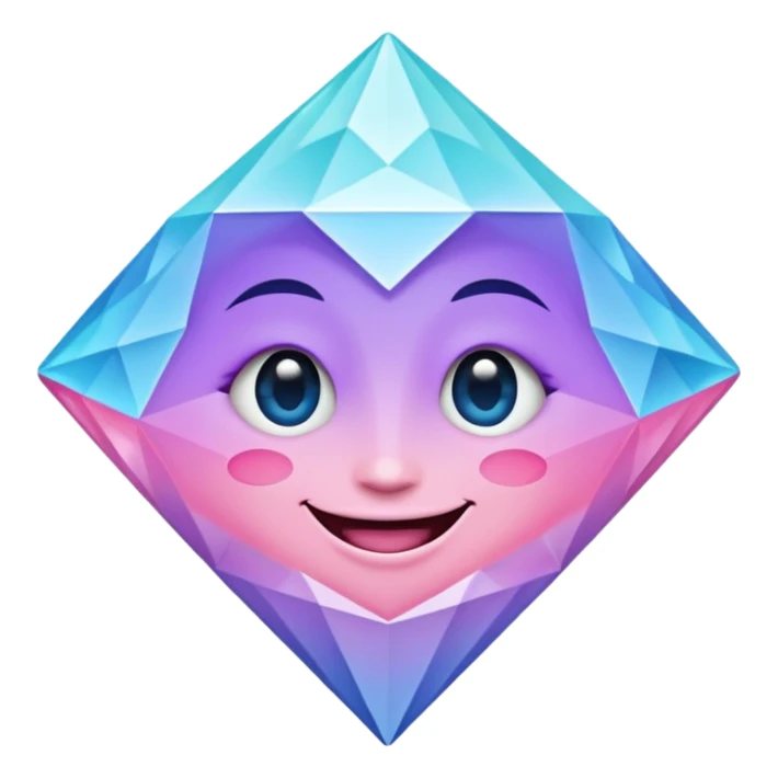 A cheerful diamond logo with a black outline and a smiling face, set against a pastel gradient of pink, blue, and lavender. Smaller diamonds surround it, forming a larger diamond pattern. Playful yet sleek, perfect for branding, digital media, sticker