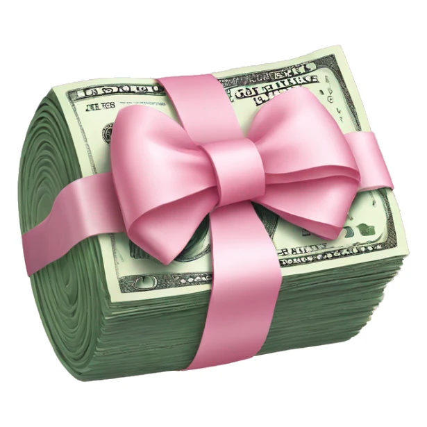 a roll of dollars, with a pastel pink bow on it sticker