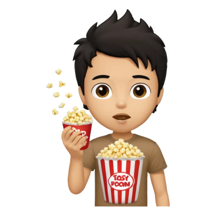 generate a pretty tan bratz boy with a brown tshirt on. eating popcorn. messy black hair sticker