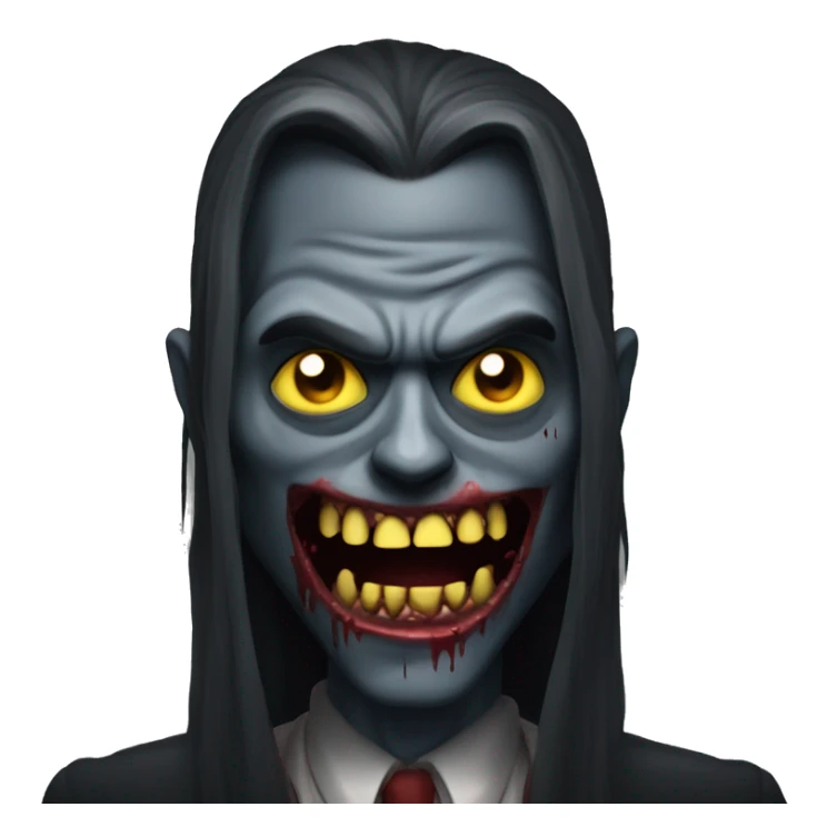 zombie vampire with a dark monochrome skin and a crazy face with yellow and sharp teeth and blood and long hair covering the face sticker
