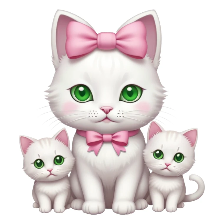A white cat with a pink bow an green eyes with 4 kittens sticker