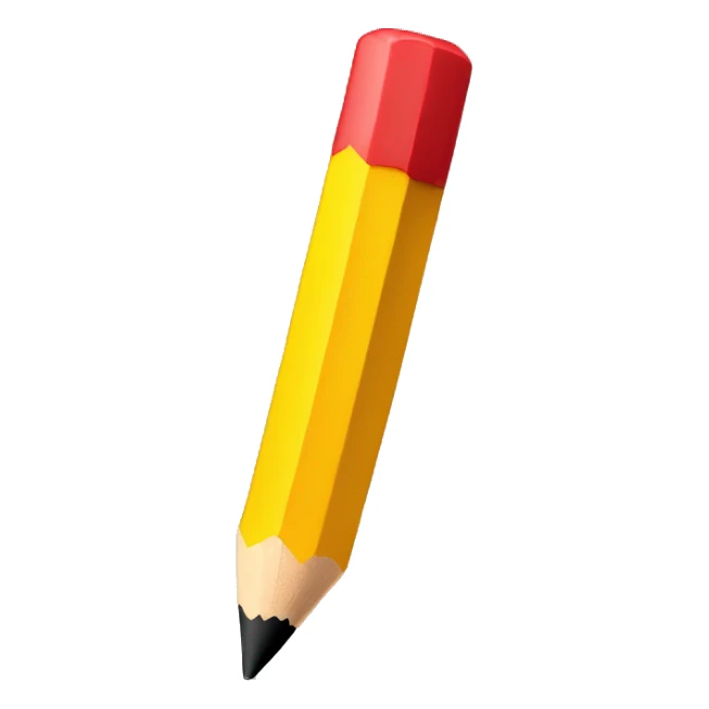 Create an emoji of a pencil with a soft red eraser, yellow body, and sharp black tip, featuring a slight 3D effect and transparent background. sticker