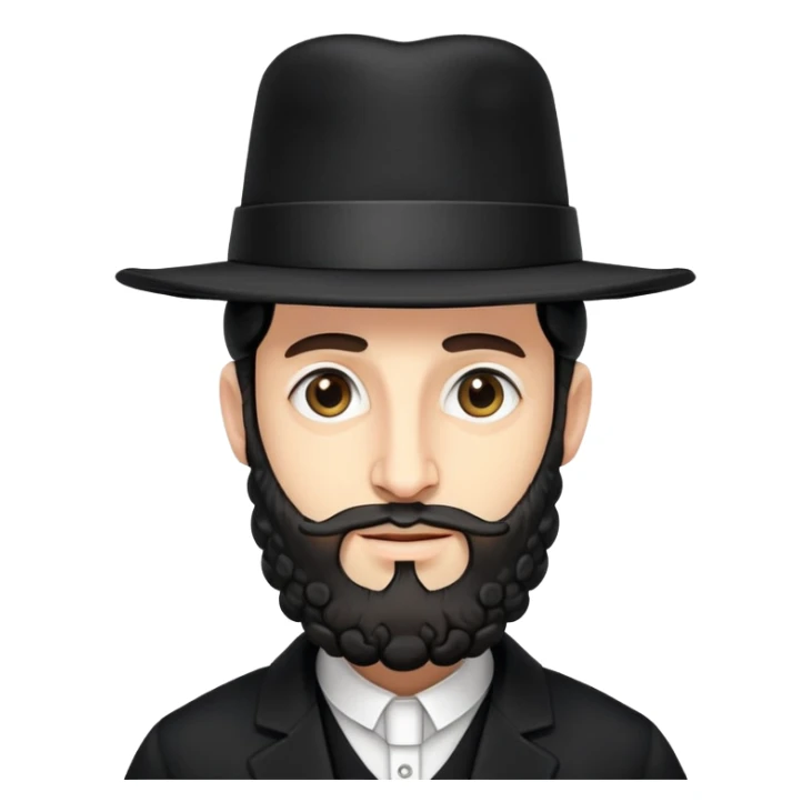 Abstract stylized Hasidic Jewish man emoji with traditional wide black hat, simplified payot curls, short beard, traditional black coat, very generic face sticker