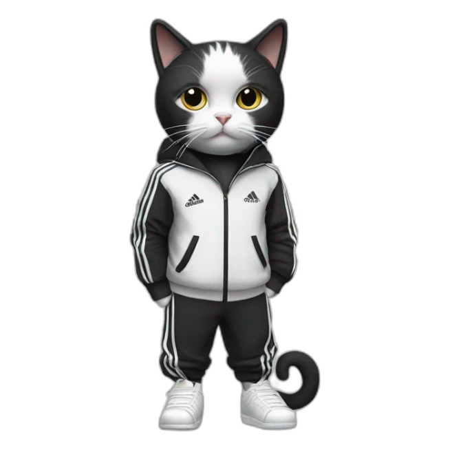 Black and white cat with adidas track suit sticker