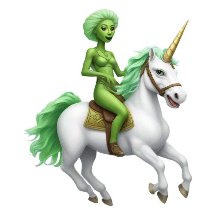 a green amazon alien woman on a white unicorn sticker