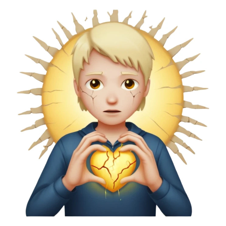 Heart cracking with light leaking out, hands trying to hold it together sticker