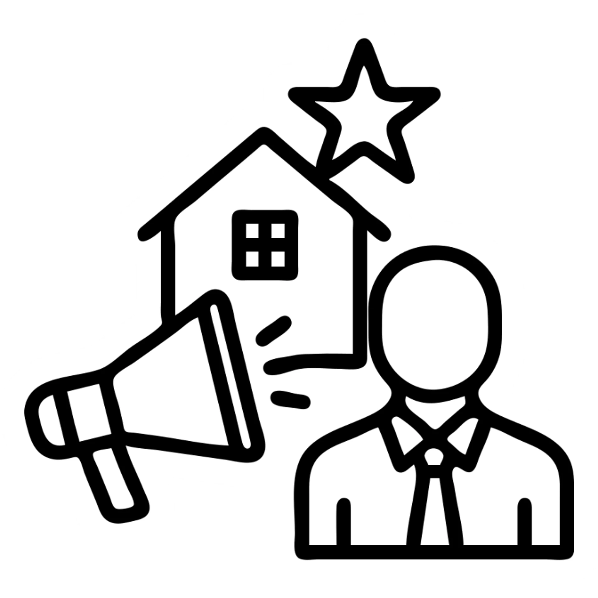 Ícono de real estate que refleje que tenemos un Marketing de lujo con Ejecución impecable, ya que las propiedades de nuestros clientes no solo se publican, sino que se les hace promoción activamente. Nuestro equipo especializado es experto en vender propiedades como lo hacen las marcas de lujo: con estrategia, estética y storytelling. sticker