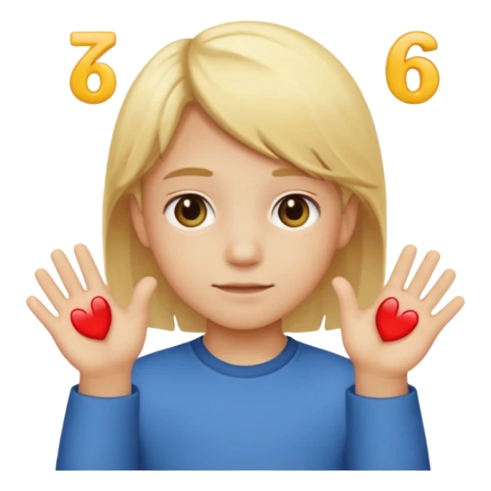 A kid with blonde icecream hair with two hands that are doing this 🫴 and flipped on the other side then have this emoji on the left hand 6️⃣ and this emoji in the other hand7️⃣ replace the ice cream with the numbers 6 and 7 sticker