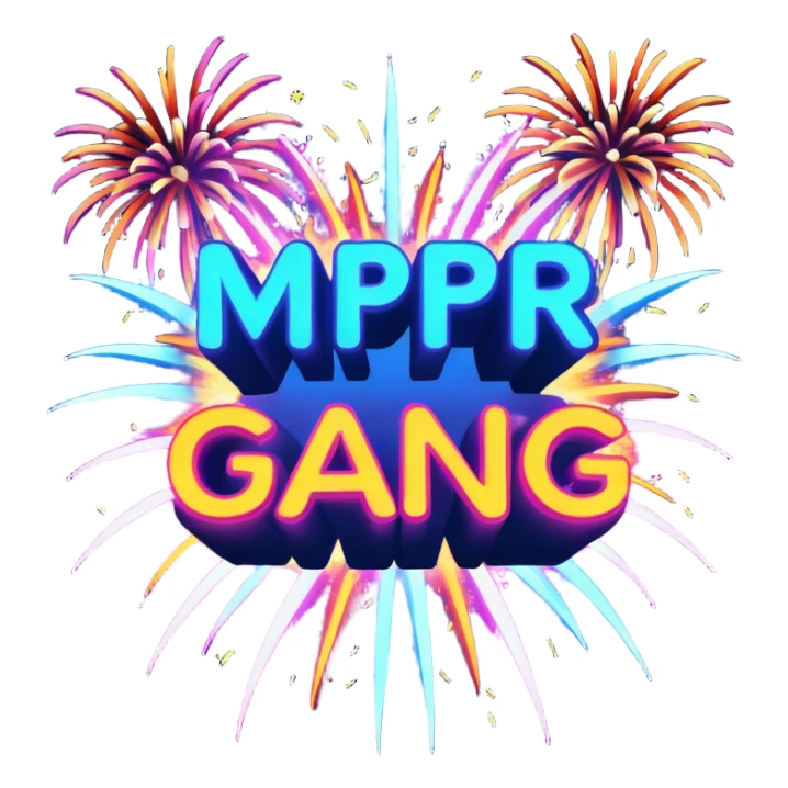 Create a bold, over-the-top emoji-style design featuring the text “MPR Gang” in large, glowing letters surrounded by explosive fireworks, neon colors, and dynamic energy effects. The style should feel celebratory, chaotic, and powerful, like a wild party or epic team victory. sticker