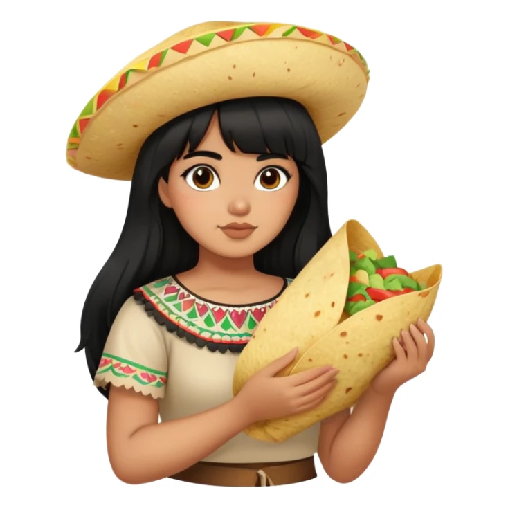 Mexican girl with bangs black long hair plus size with tortilla sticker