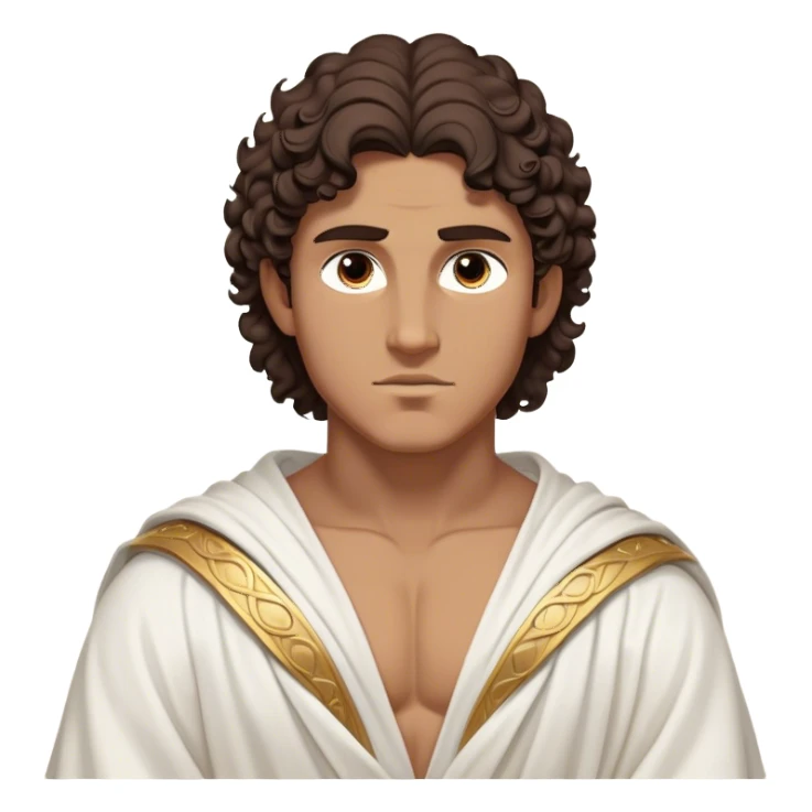 Cinematic Realistic Hercules Portrait, depicted as a classical Greek hero inspired by the Disney version yet echoing the refined proportions and serene dignity of Michelangelo's David. His idealized, tan skin glows with timeless strength, and his thick, curly wavy dark brownhair falls in natural, sculpted curls. Draped in a flowing white robe with delicate golden accents, his expressive eyes radiate determined nobility, all rendered under dynamic natural lighting with a mythic, radiant glow. sticker