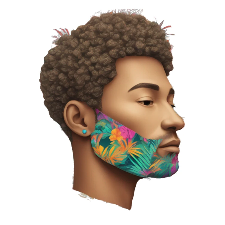 Person vaping wearing a colourful vibrant tropical patchwork of intricate vintage patterns, vape sticker