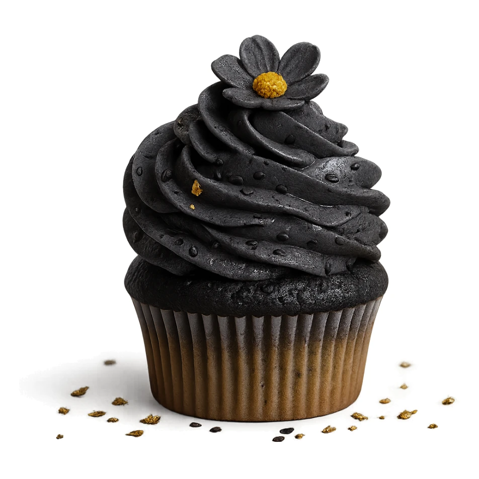 Change the icing to black sesame: dark gray, slightly glossy, speckled with black sesame seeds. Keep the realistic cupcake and accessories in photorealistic style with transparent background. sticker