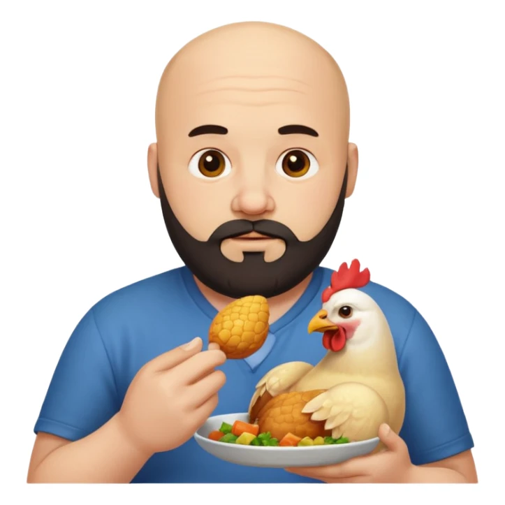 a bigger white bald man with a dark beard eating chicken sticker
