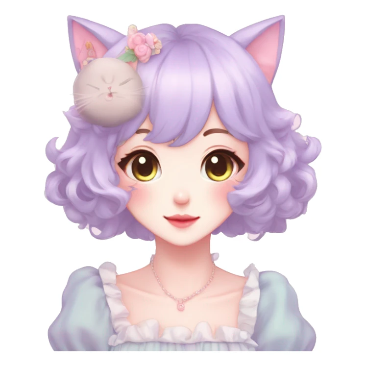 Gorgeous pastel anime style lady with blushing face and cat ears cottagecore fairycore pastelcore colorful pearly romantic simplistic aesthetic trending style full body sticker